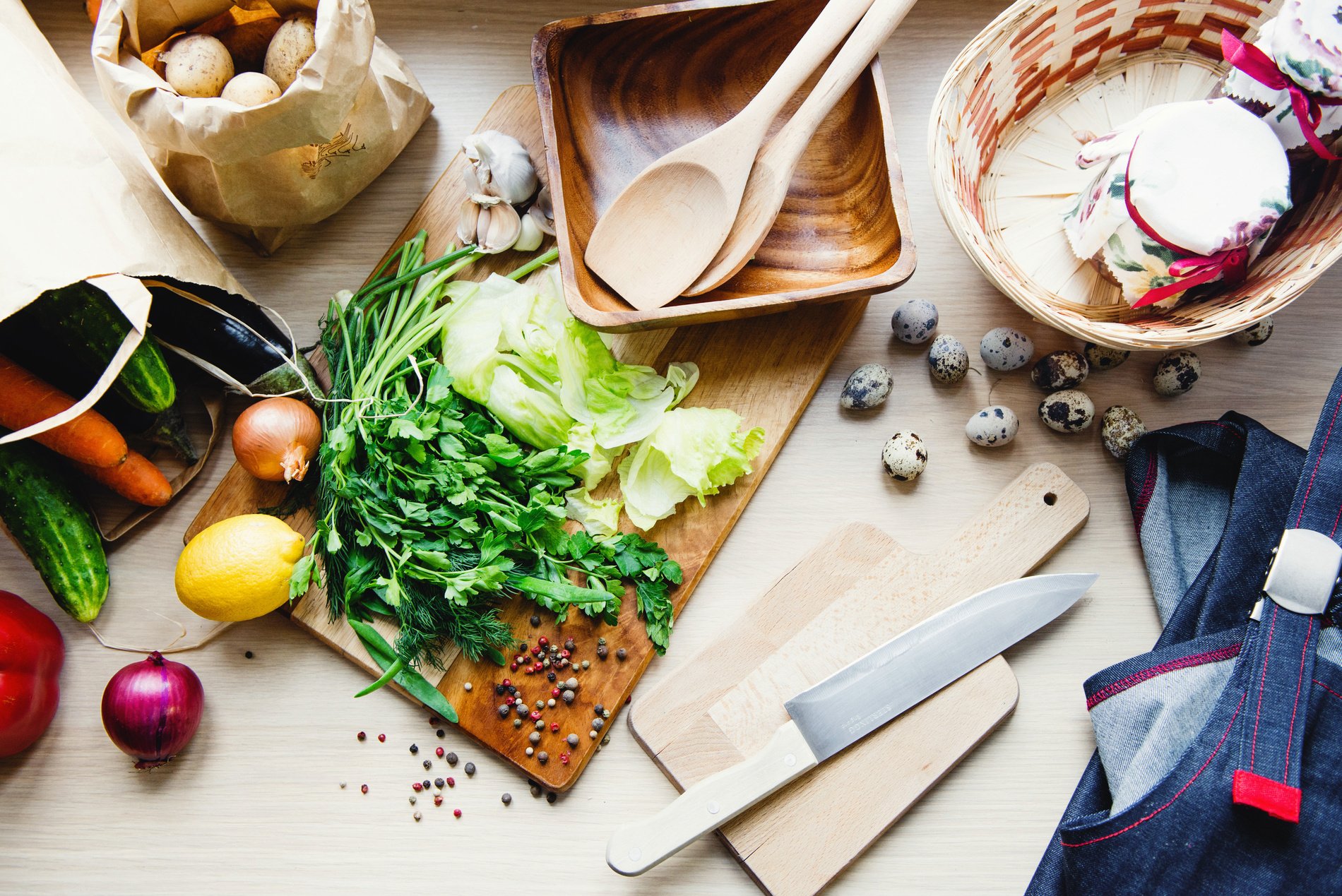 Wooden Kitchen Utensils And Vegetables